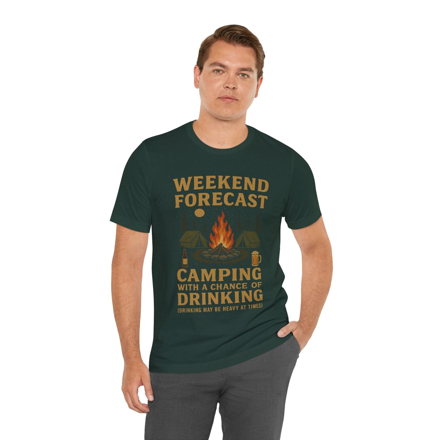 Funny "Weekend Forecast – Camping With A Chance Of Drinking (Drinking May Be Heavy at Times)" Camping T-Shirt