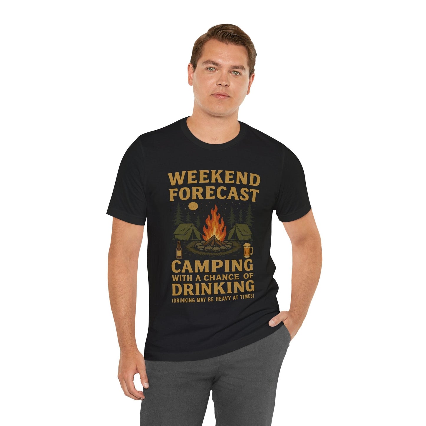 Funny "Weekend Forecast – Camping With A Chance Of Drinking (Drinking May Be Heavy at Times)" Camping T-Shirt