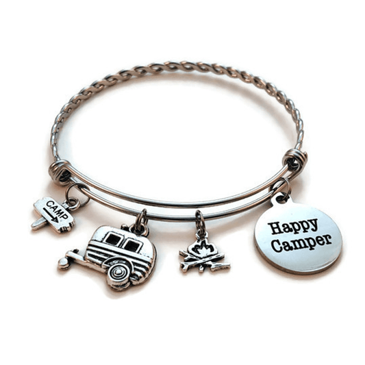 Braided Stainless Steel "Happy Camper" Charm Bracelet