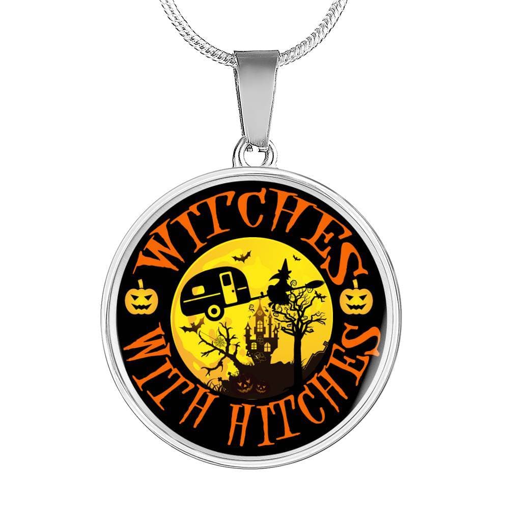 Funny "Witches With Hitches" Round Halloween Necklace