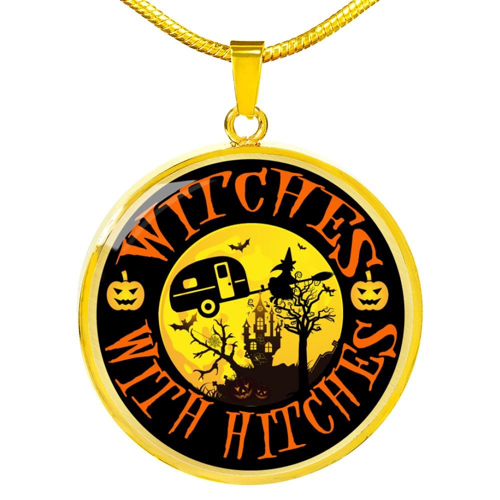 Funny "Witches With Hitches" Round Halloween Necklace