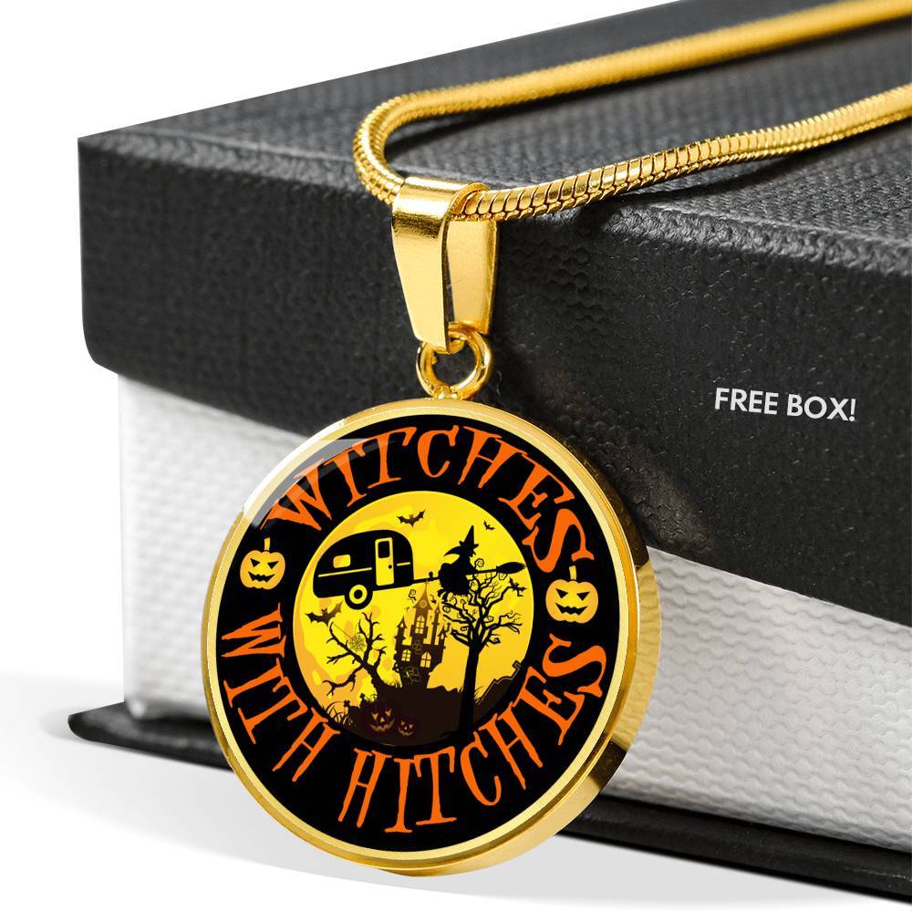 Funny "Witches With Hitches" Round Halloween Necklace