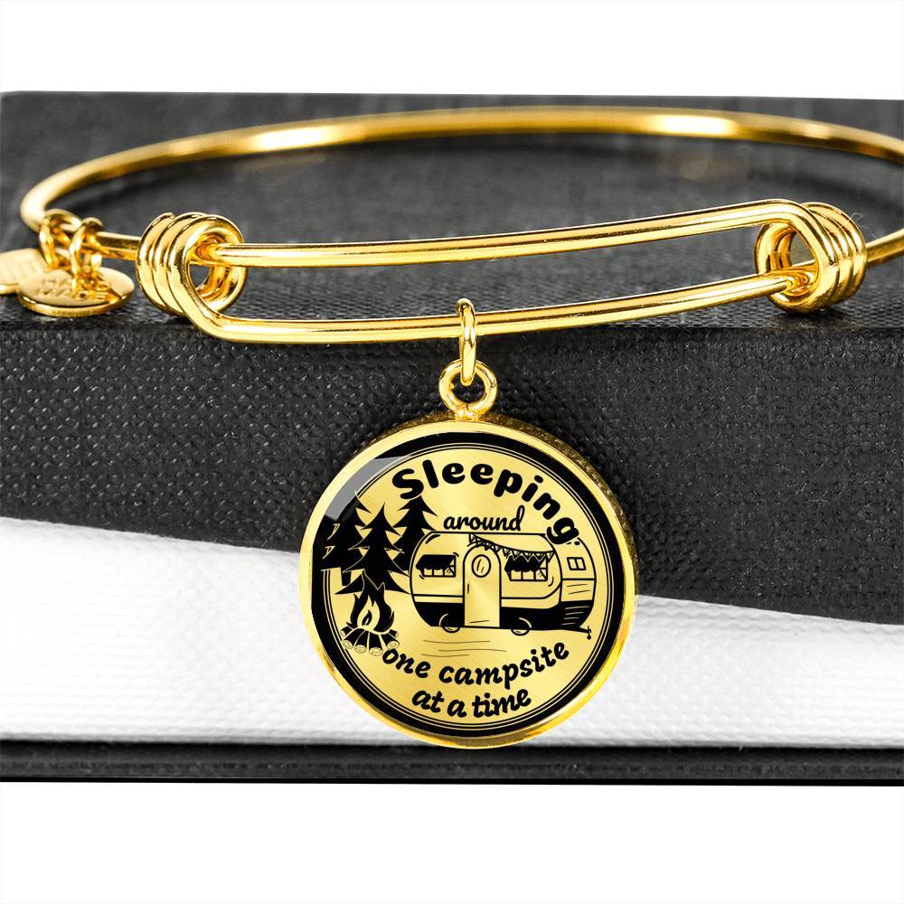 Funny "Sleeping Around One Campsite At A Time" Bangle Bracelet (Custom Engraving Available)