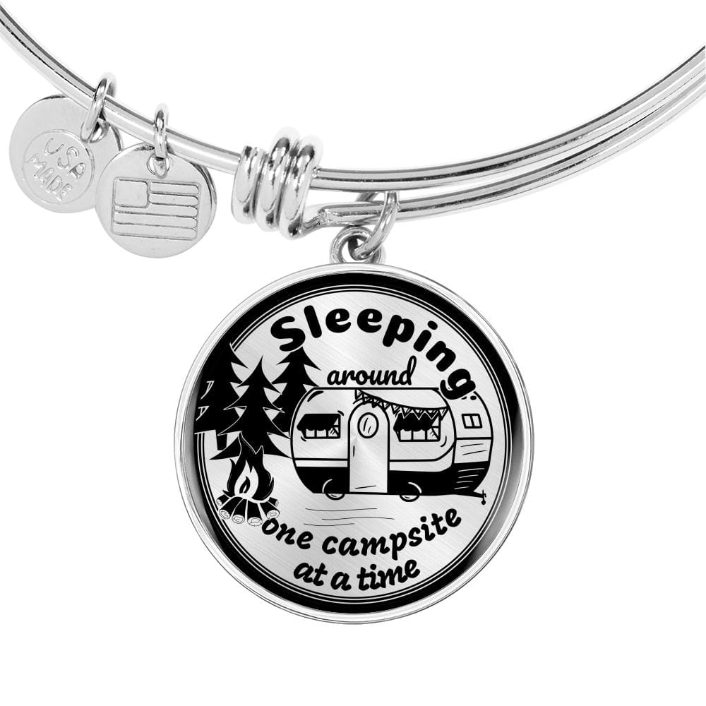 Funny "Sleeping Around One Campsite At A Time" Bangle Bracelet (Custom Engraving Available)