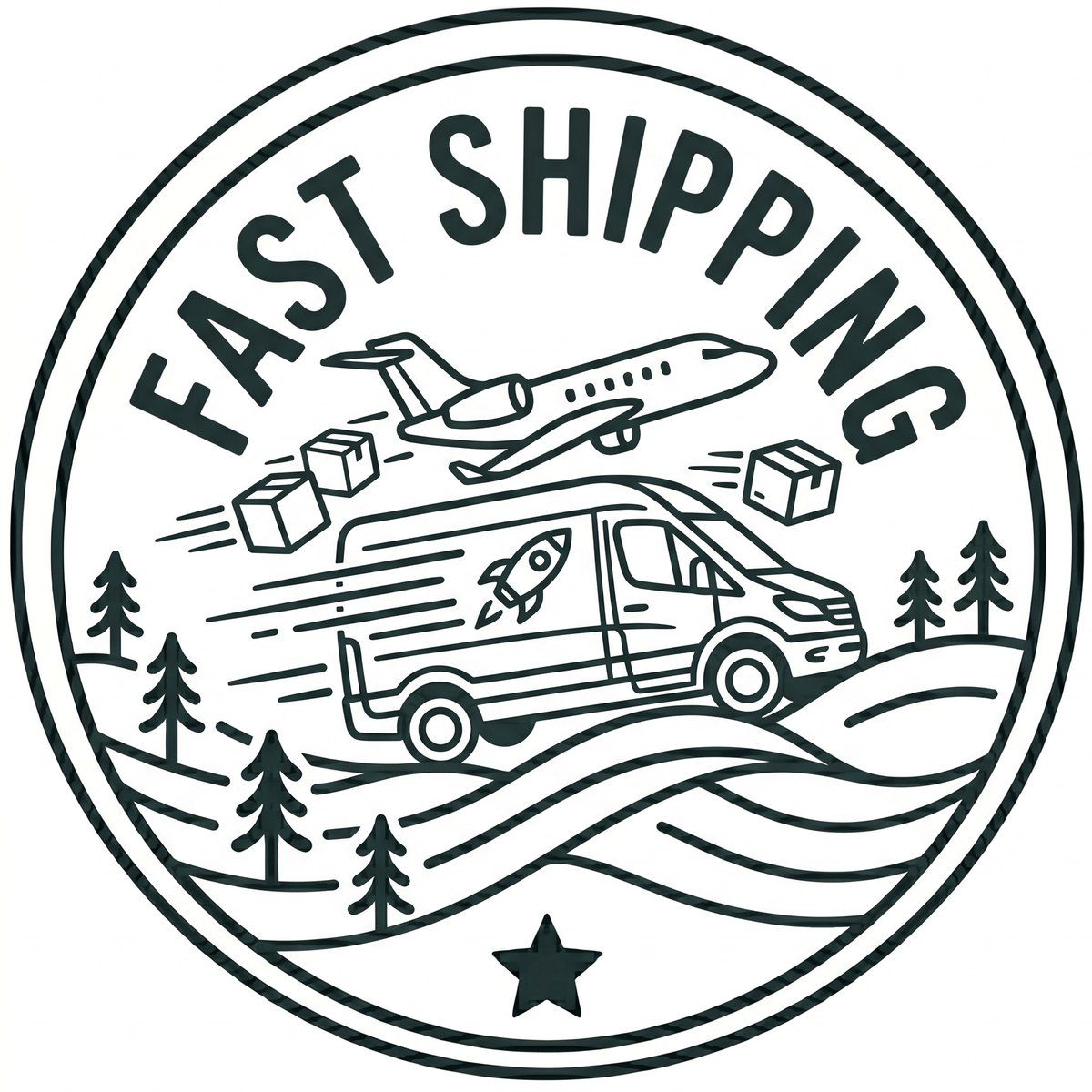 Circular logo with 'Fast Shipping' text, airplane, van, and airplane icons on a white background.
