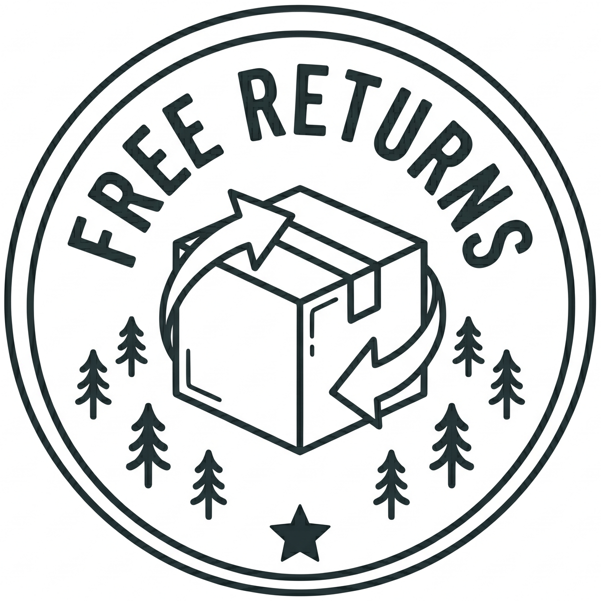 Circular logo with 'Free Returns' text, a box, arrows, and trees on a white background