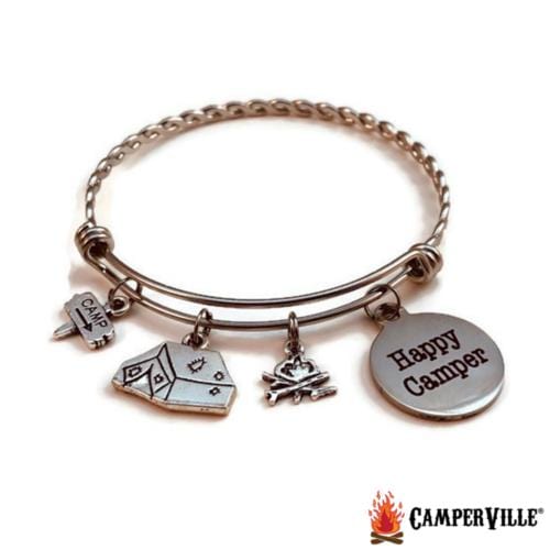 Braided Stainless Steel "Happy Camper" Tent Charm Bracelet