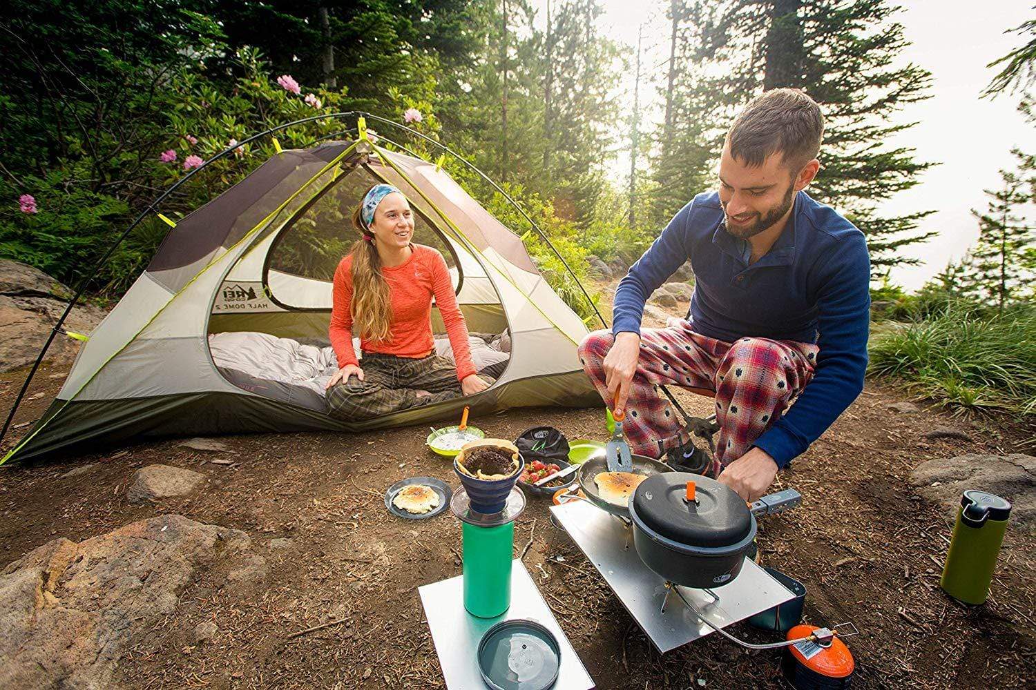 Megan and John Using The GSI Outdoors - Collapsible JavaDrip Slim Drip Pour Over Camping Coffee Maker While Camping In The  Woods