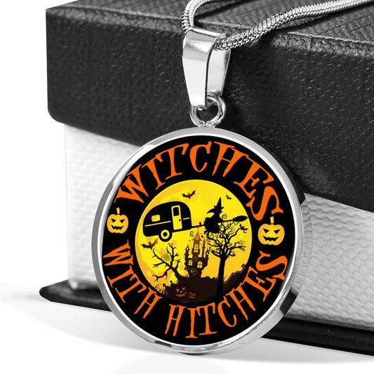 Funny "Witches With Hitches" Round Halloween Necklace