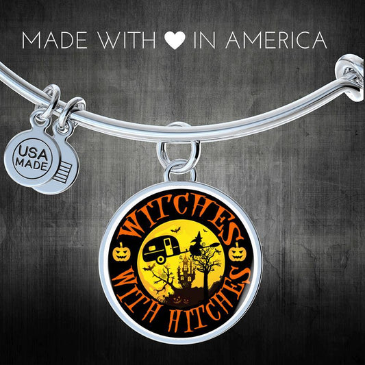 Funny "Witches With Hitches" Round Charm Halloween Bracelet