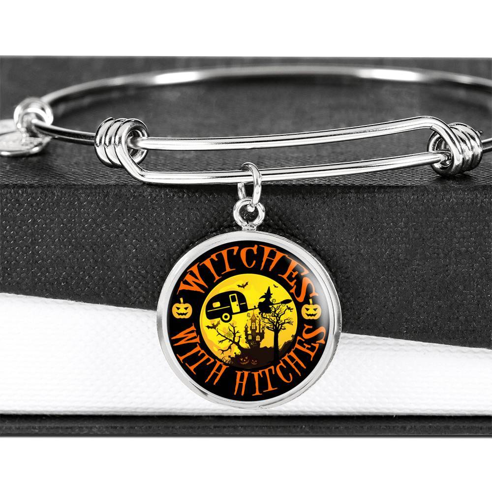 Funny "Witches With Hitches" Round Charm Halloween Bracelet