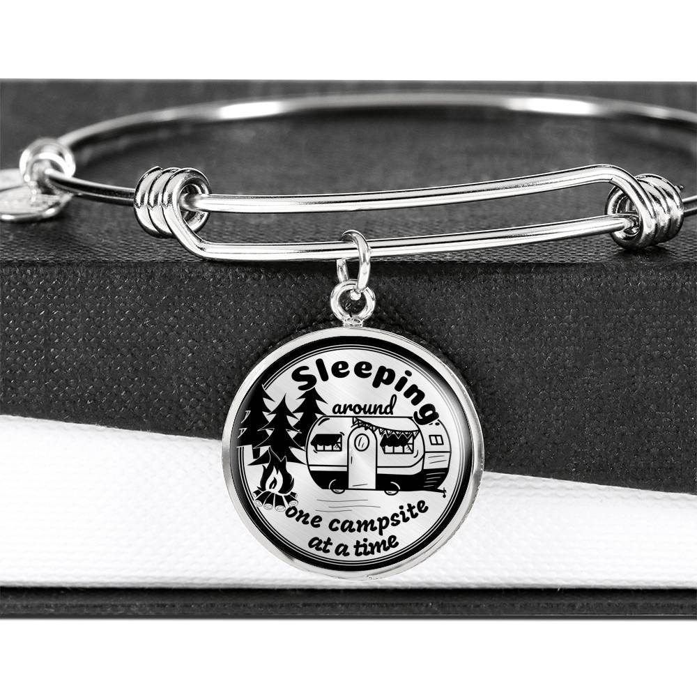 Funny "Sleeping Around One Campsite At A Time" Bangle Bracelet (Custom Engraving Available)